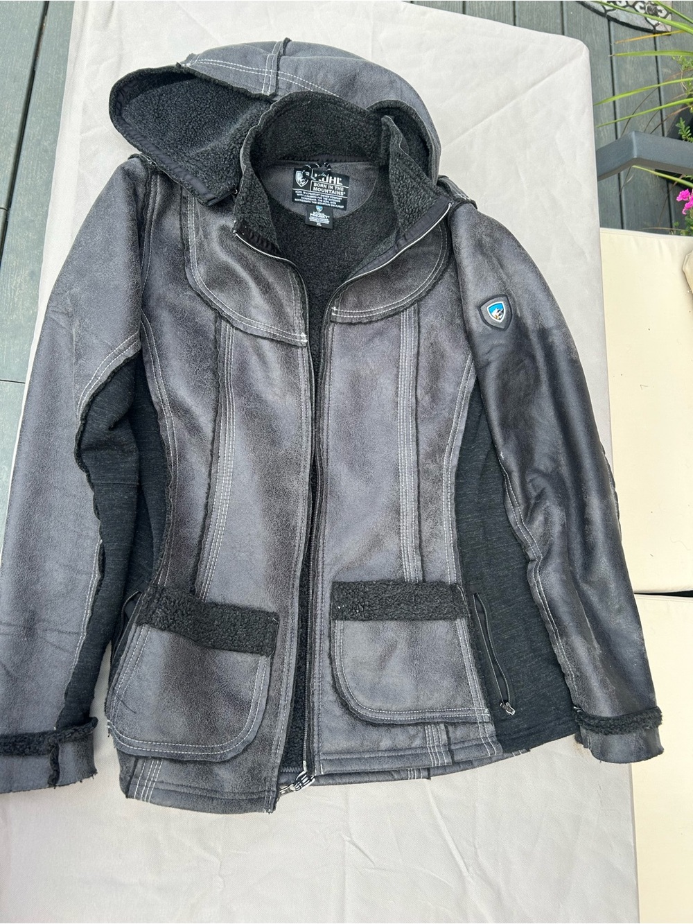 Kuhl Women’s Black and Gray Hooded Leather Jacket
